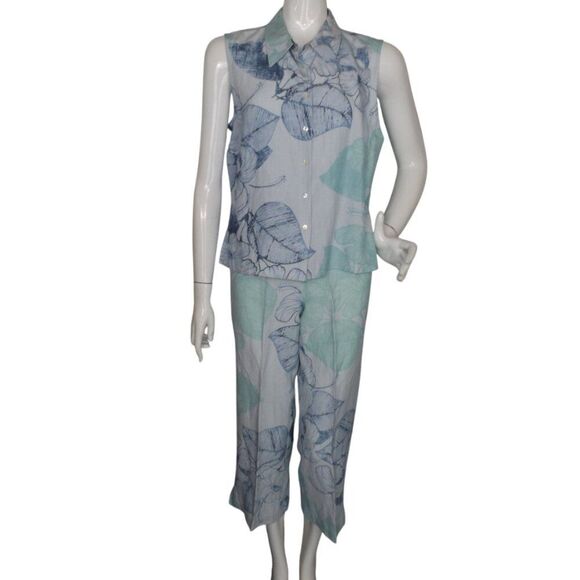 TOMMY BAHAMA Outfit/Set, 12/L, Silk/Linen, Sleeveless Top/Capri Pants, Blue, 2pc - Picture 1 of 13